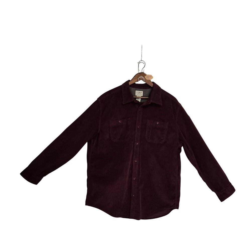 LL Bean Mens Corduroy Shirt Large Burgundy Maroon Cotton Traditional Fit 505637
